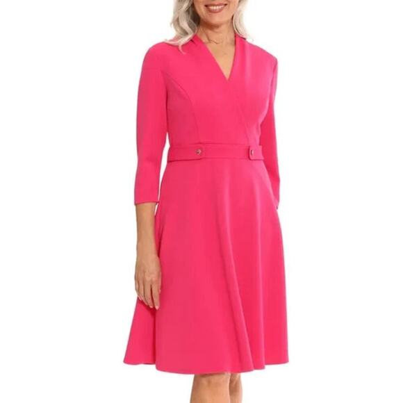 London Times Fit & Flare Dress Surplice 3/4 Sleeve Knee Length V Neck Pink 4 - Picture 1 of 9